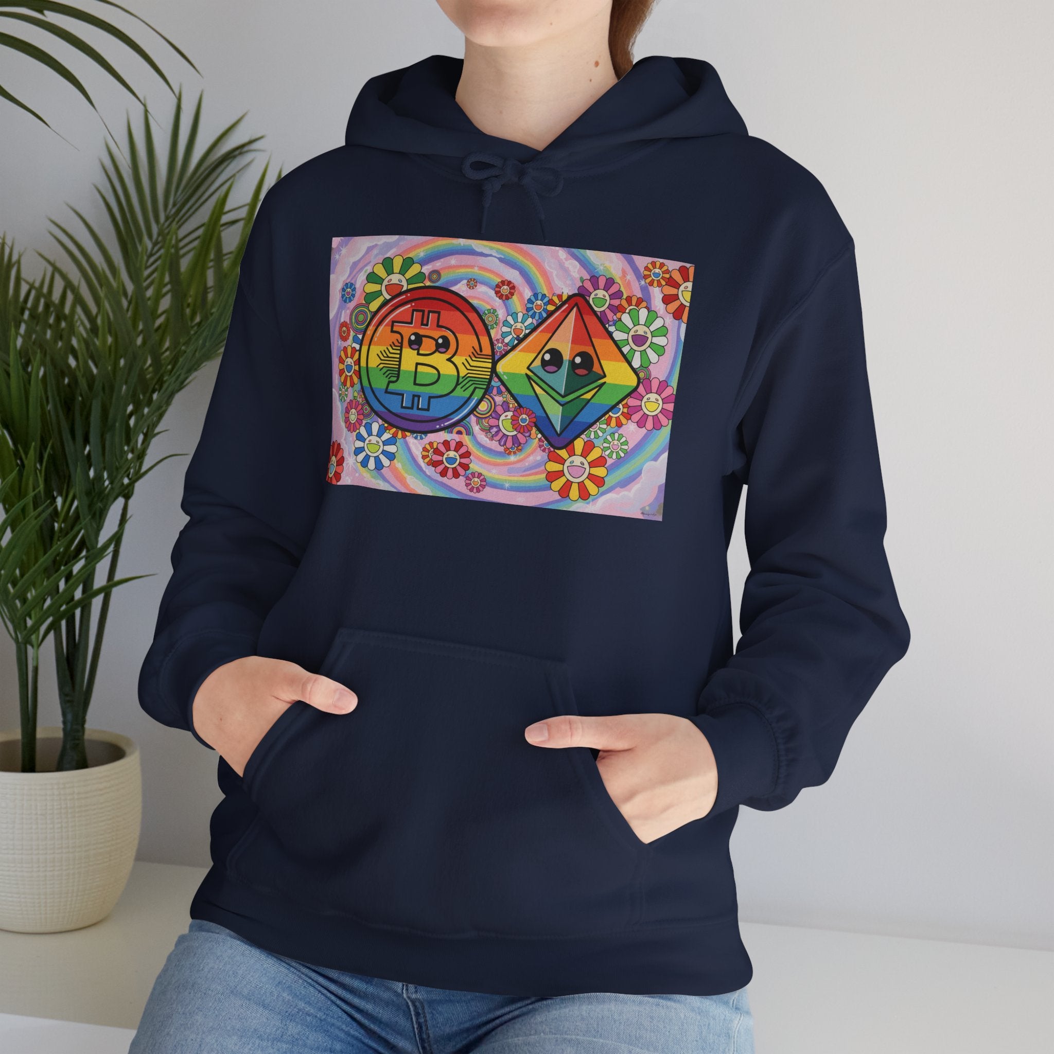 Crypto Flower Power Hoodie — Bitcoin & Ethereum Psychedelic Design