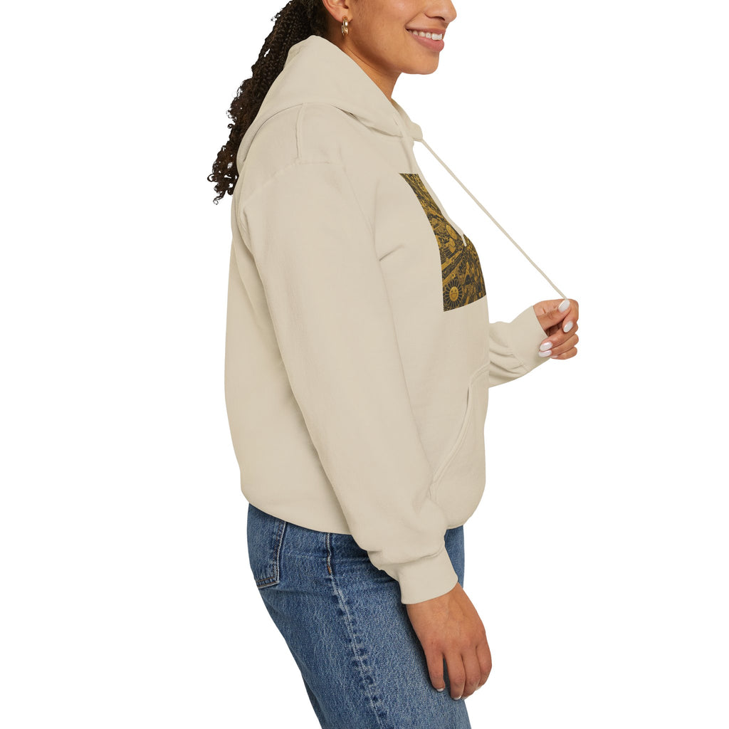Solar Mandala Hoodie — Golden Sunburst Graphic Pullover