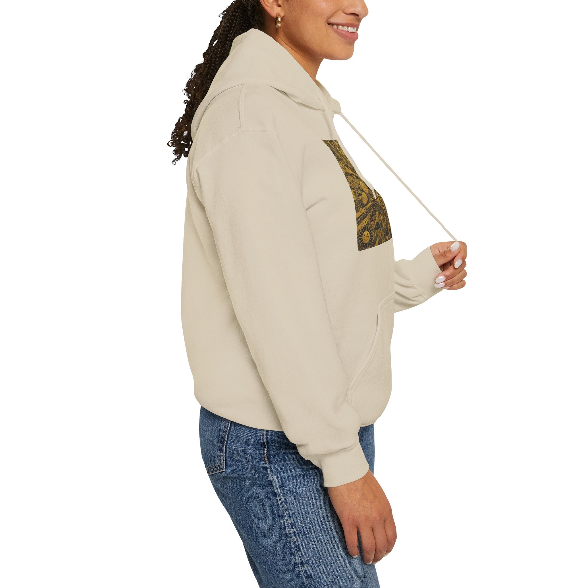 Solar Mandala Hoodie — Golden Sunburst Graphic Pullover