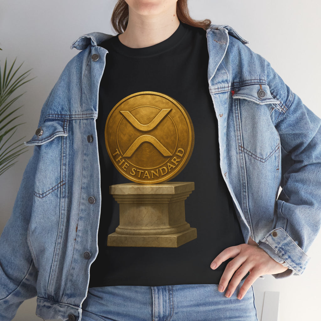 XRP Ledger Trophy T‑Shirt – Gold Ripple Coin on Pedestal Crypto Tee