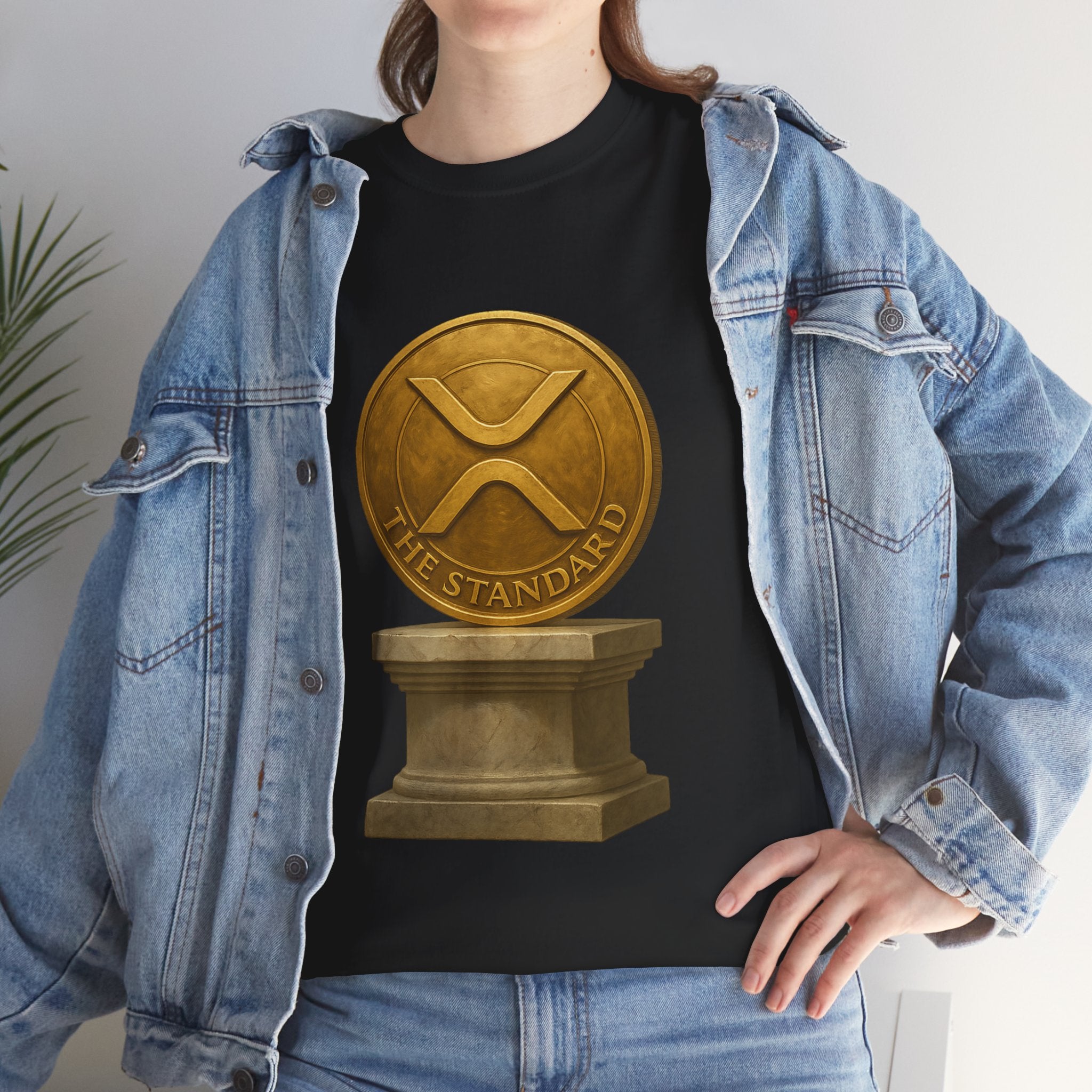 XRP Ledger Trophy T‑Shirt – Gold Ripple Coin on Pedestal Crypto Tee