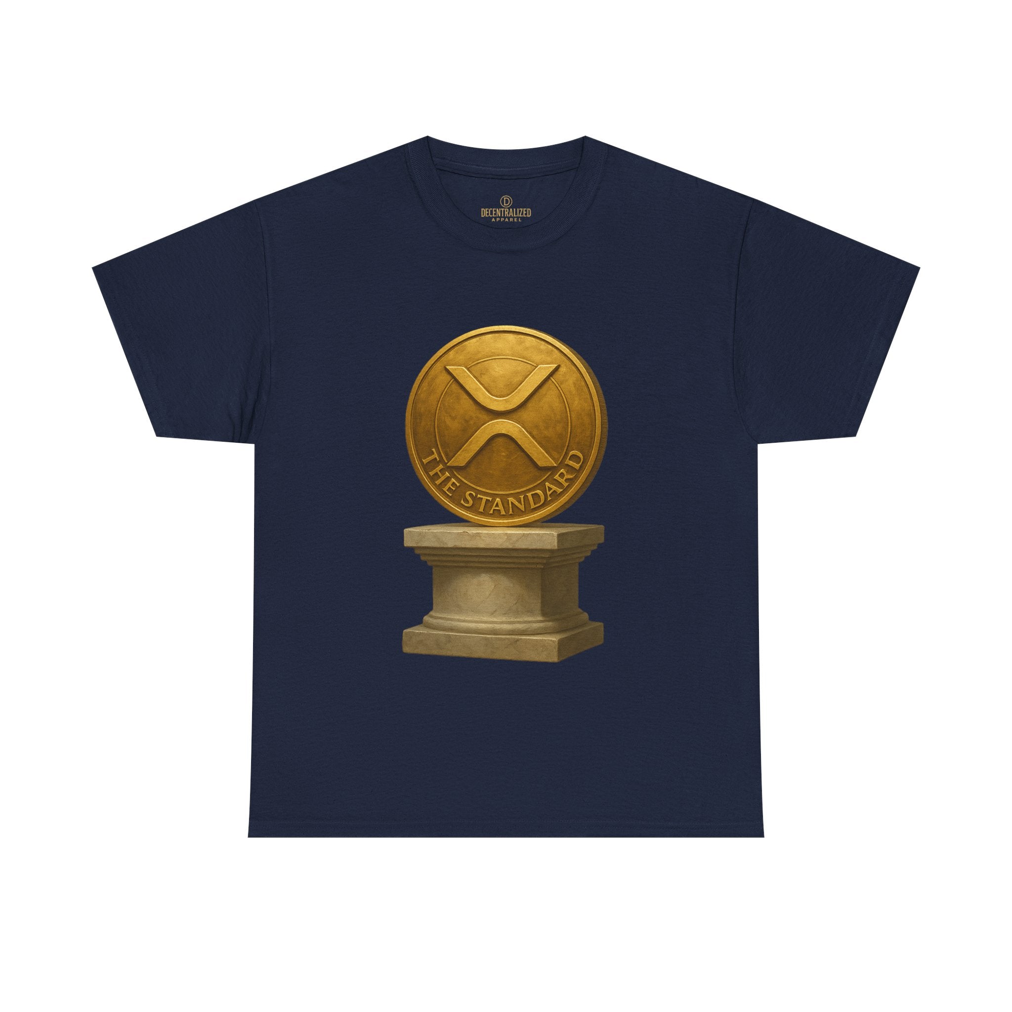 XRP Ledger Trophy T‑Shirt – Gold Ripple Coin on Pedestal Crypto Tee