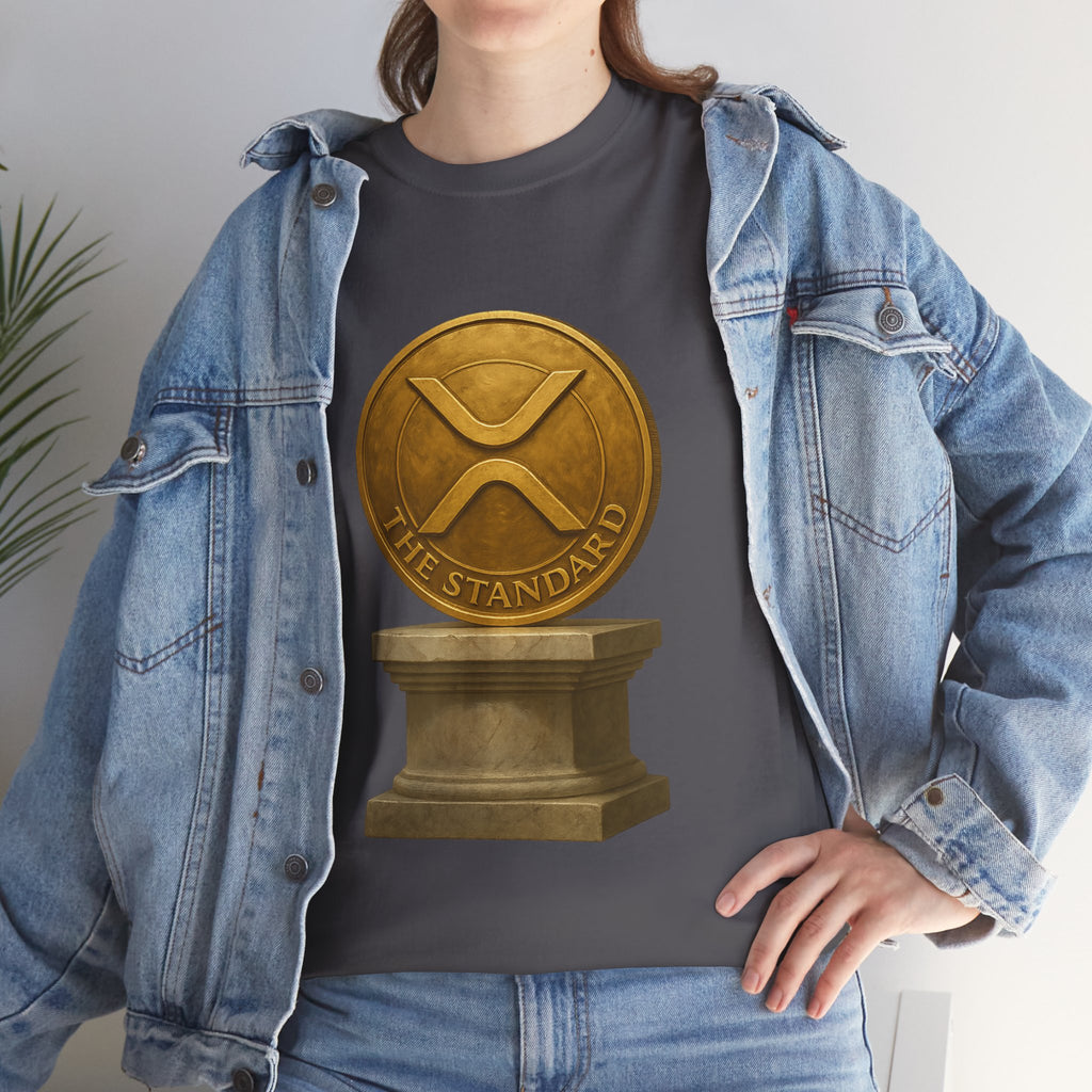 XRP Ledger Trophy T‑Shirt – Gold Ripple Coin on Pedestal Crypto Tee