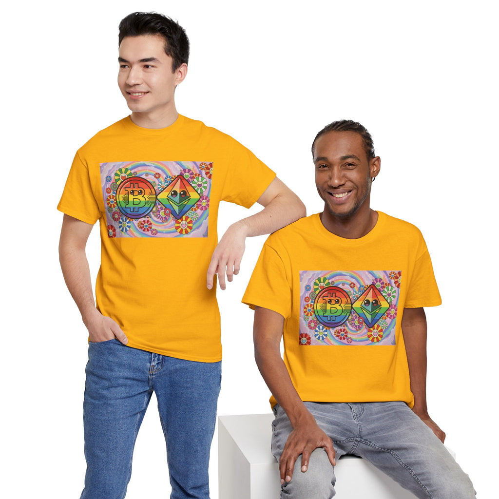 Crypto Rainbow T-Shirt — Bitcoin & Ethereum Hippie Art Tee