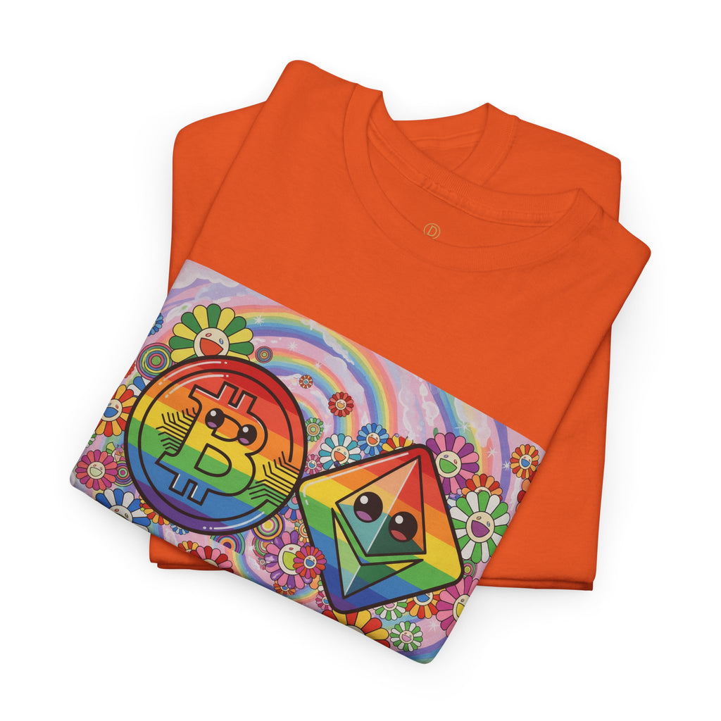 Crypto Rainbow T-Shirt — Bitcoin & Ethereum Hippie Art Tee
