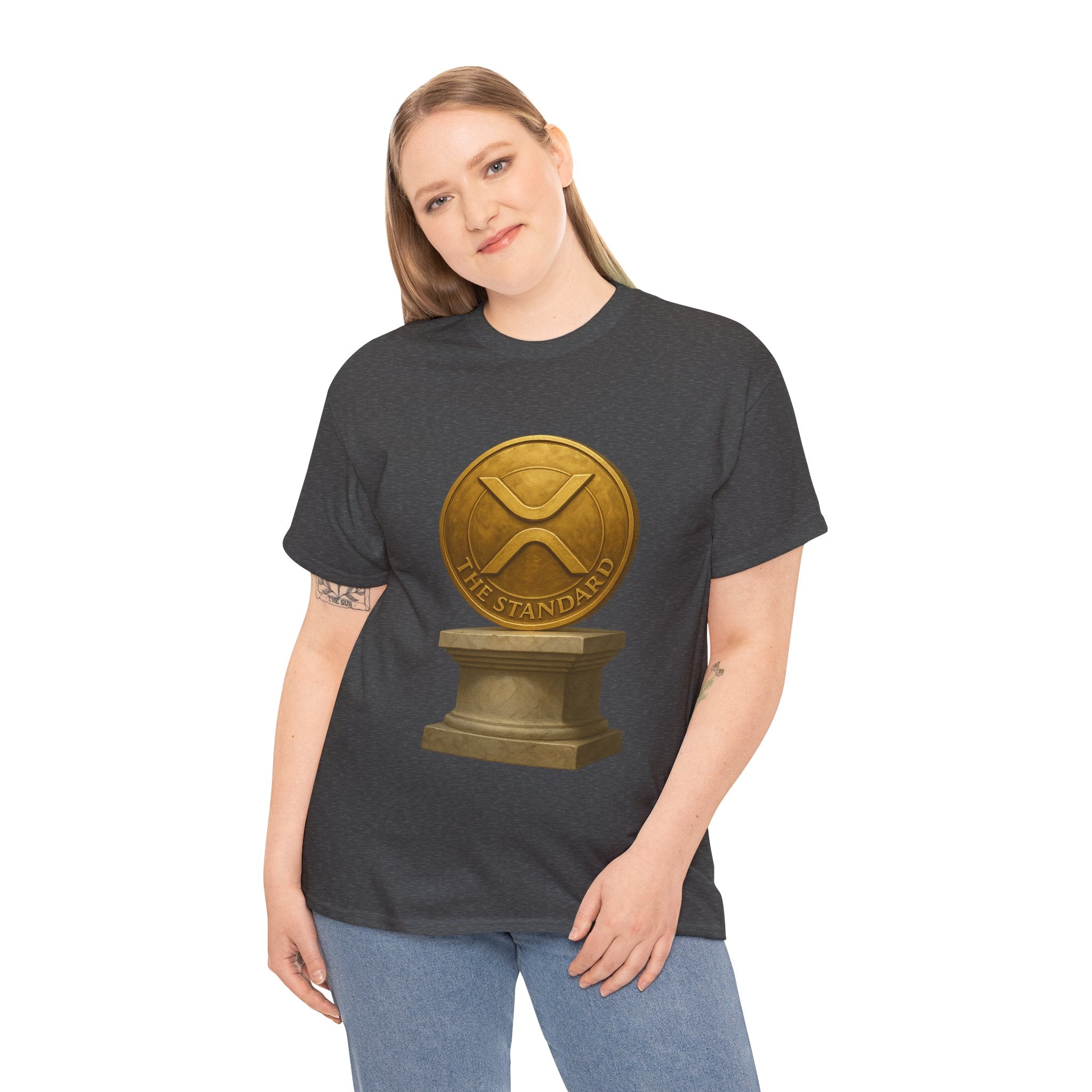 XRP Ledger Trophy T‑Shirt – Gold Ripple Coin on Pedestal Crypto Tee