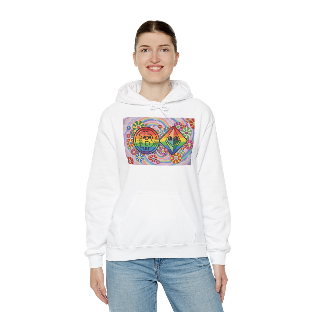 Crypto Flower Power Hoodie — Bitcoin & Ethereum Psychedelic Design