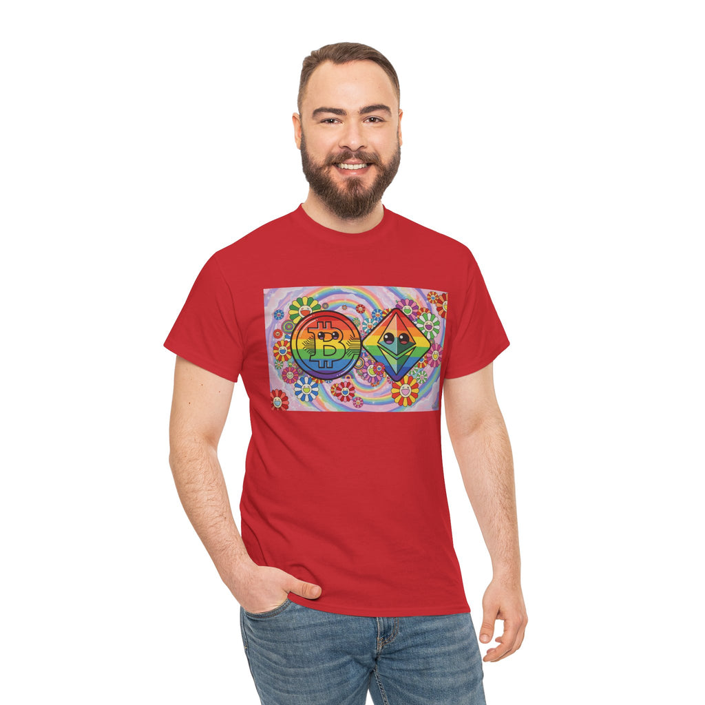 Crypto Rainbow T-Shirt — Bitcoin & Ethereum Hippie Art Tee