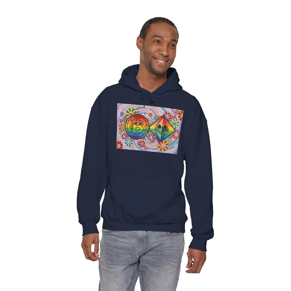 Crypto Flower Power Hoodie — Bitcoin & Ethereum Psychedelic Design