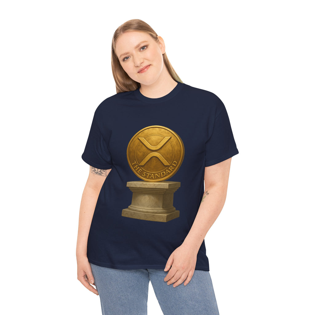 XRP Ledger Trophy T‑Shirt – Gold Ripple Coin on Pedestal Crypto Tee