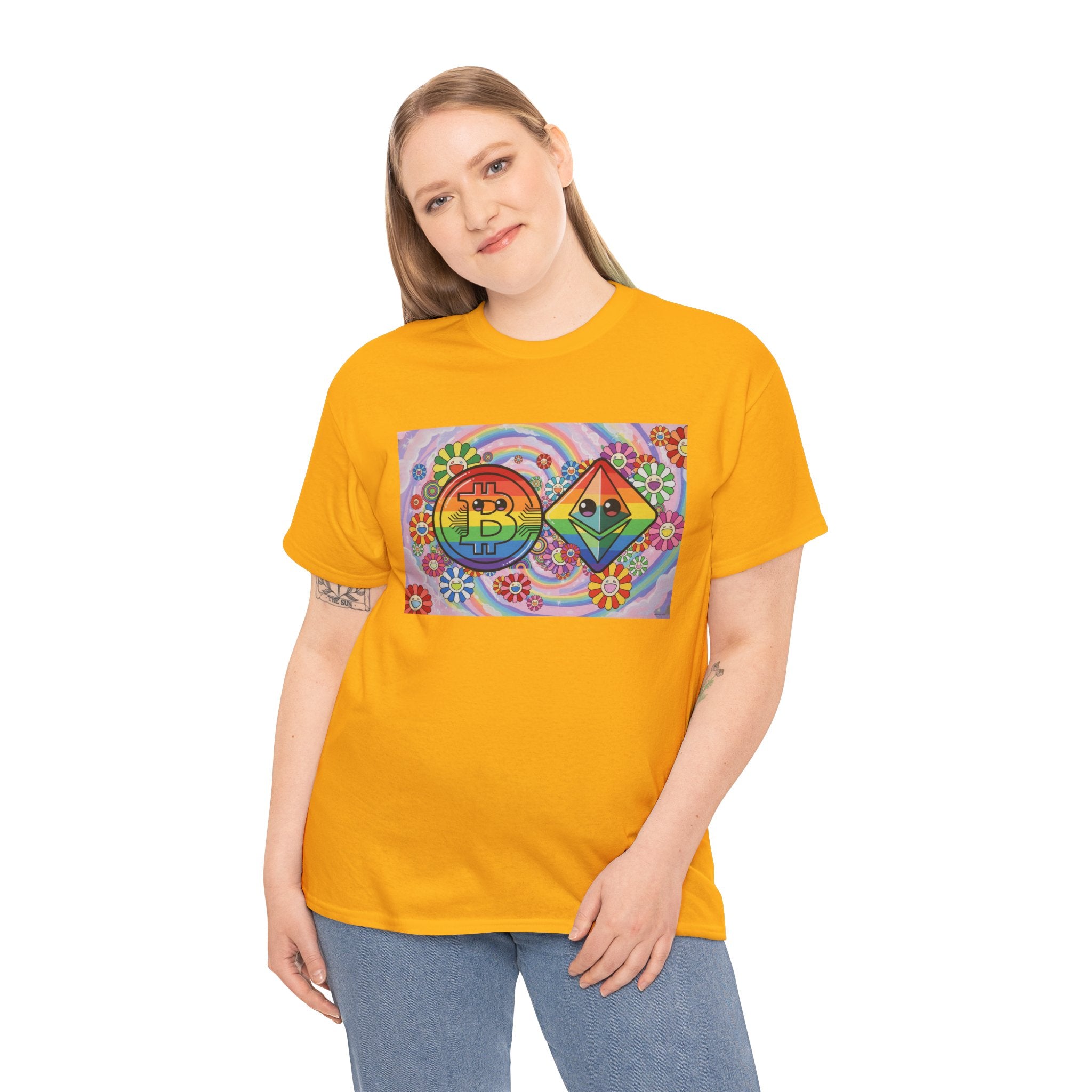 Crypto Rainbow T-Shirt — Bitcoin & Ethereum Hippie Art Tee