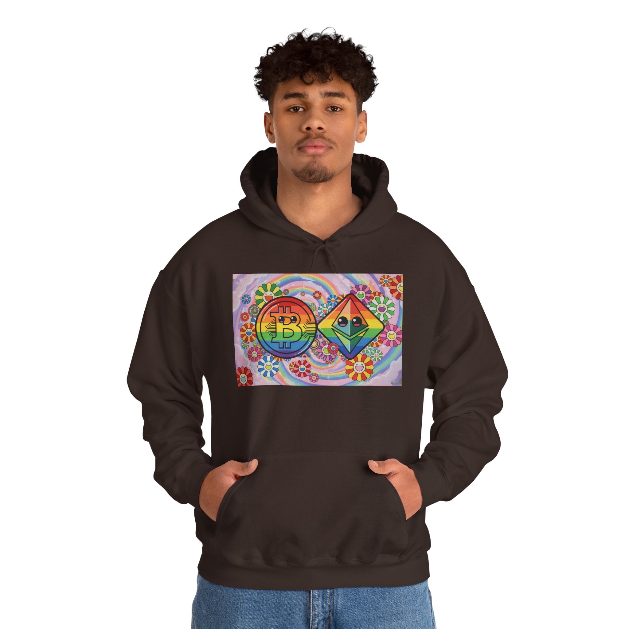 Crypto Flower Power Hoodie — Bitcoin & Ethereum Psychedelic Design