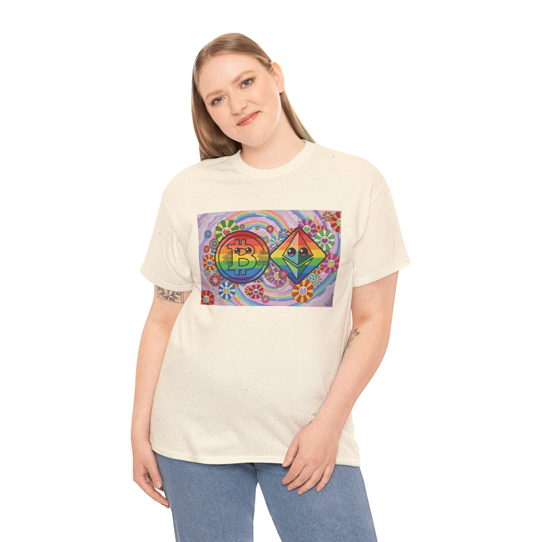 Crypto Rainbow T-Shirt — Bitcoin & Ethereum Hippie Art Tee