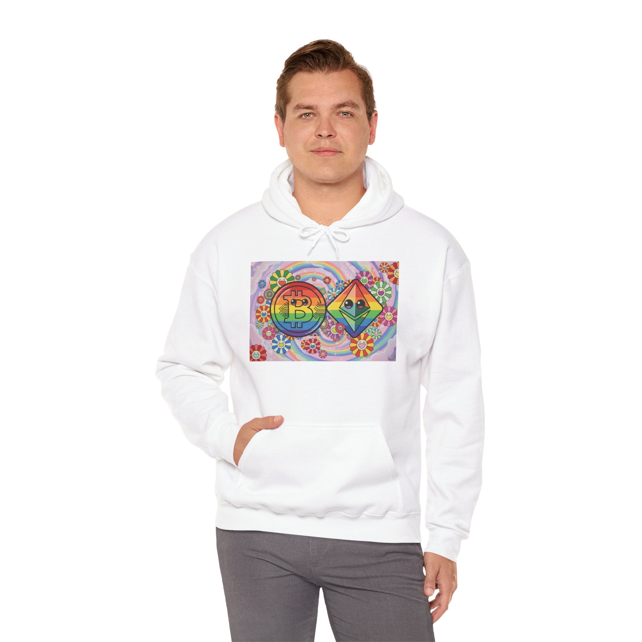 Crypto Flower Power Hoodie — Bitcoin & Ethereum Psychedelic Design