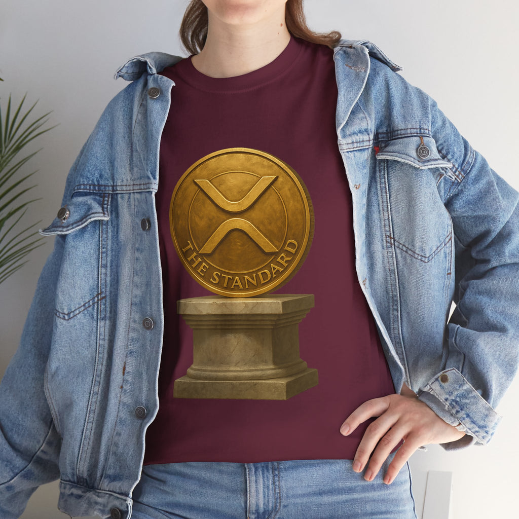 XRP Ledger Trophy T‑Shirt – Gold Ripple Coin on Pedestal Crypto Tee