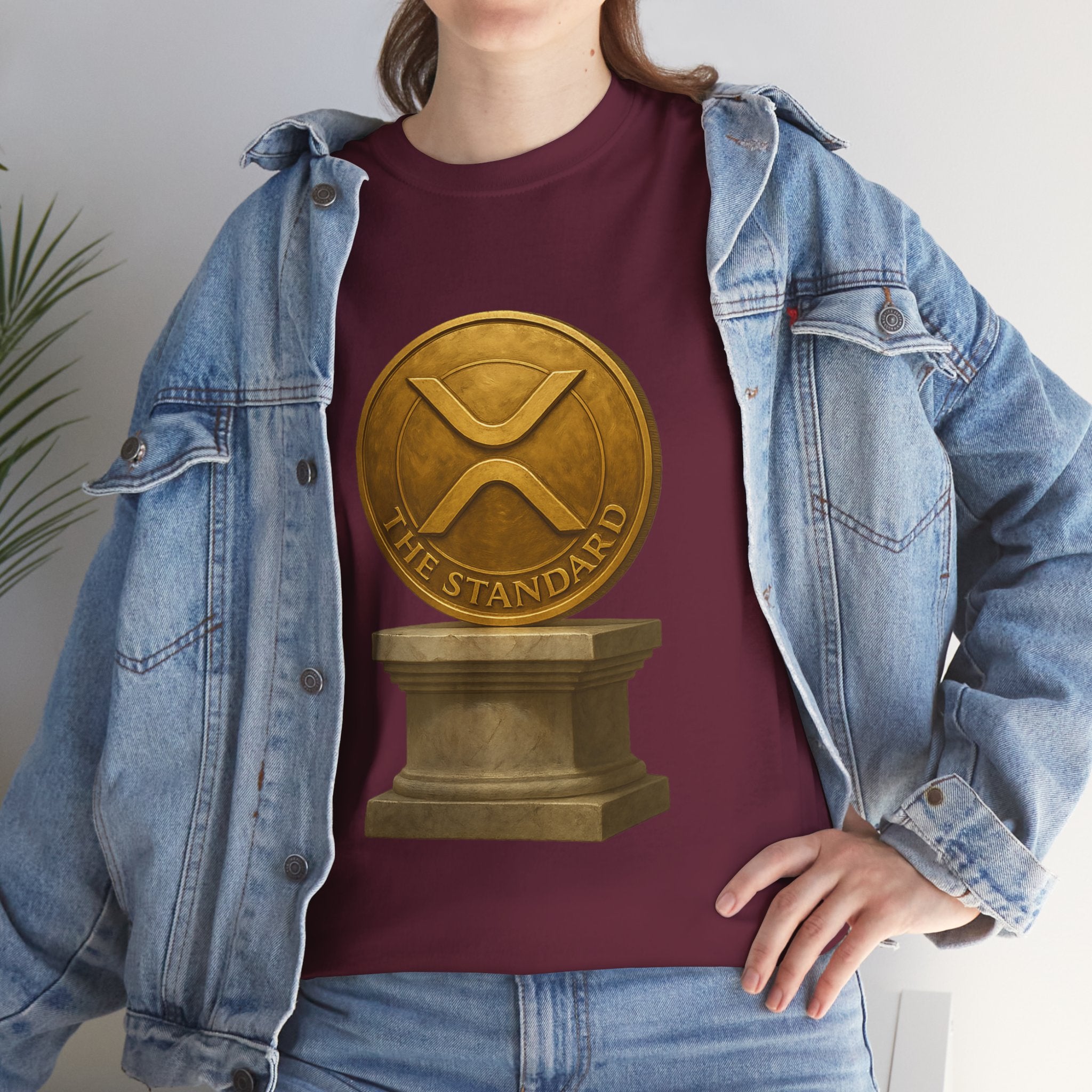 XRP Ledger Trophy T‑Shirt – Gold Ripple Coin on Pedestal Crypto Tee