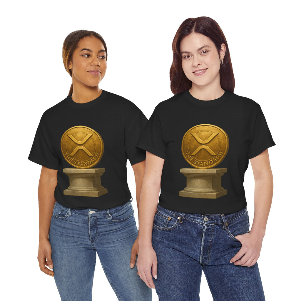 XRP Ledger Trophy T‑Shirt – Gold Ripple Coin on Pedestal Crypto Tee