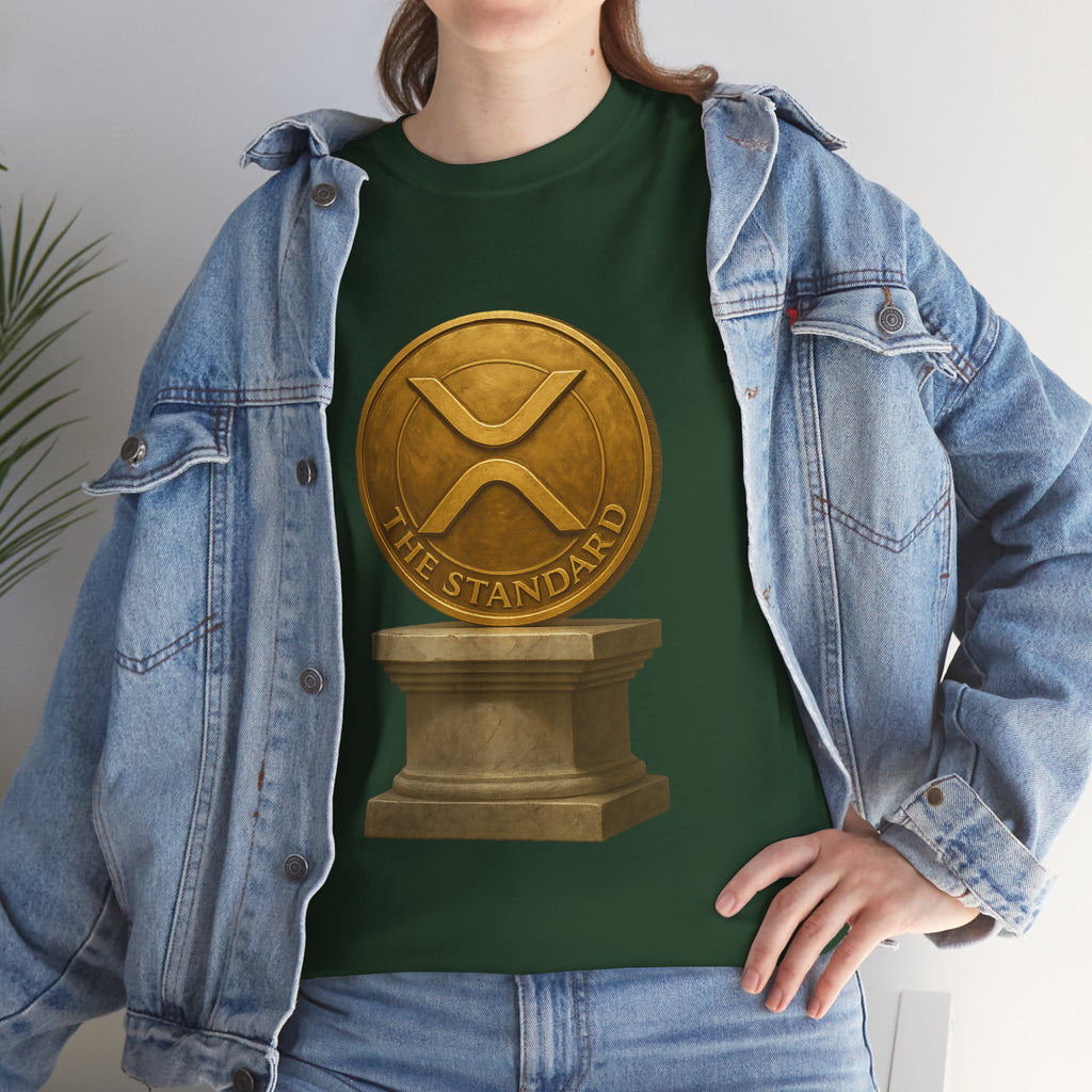 XRP Ledger Trophy T‑Shirt – Gold Ripple Coin on Pedestal Crypto Tee
