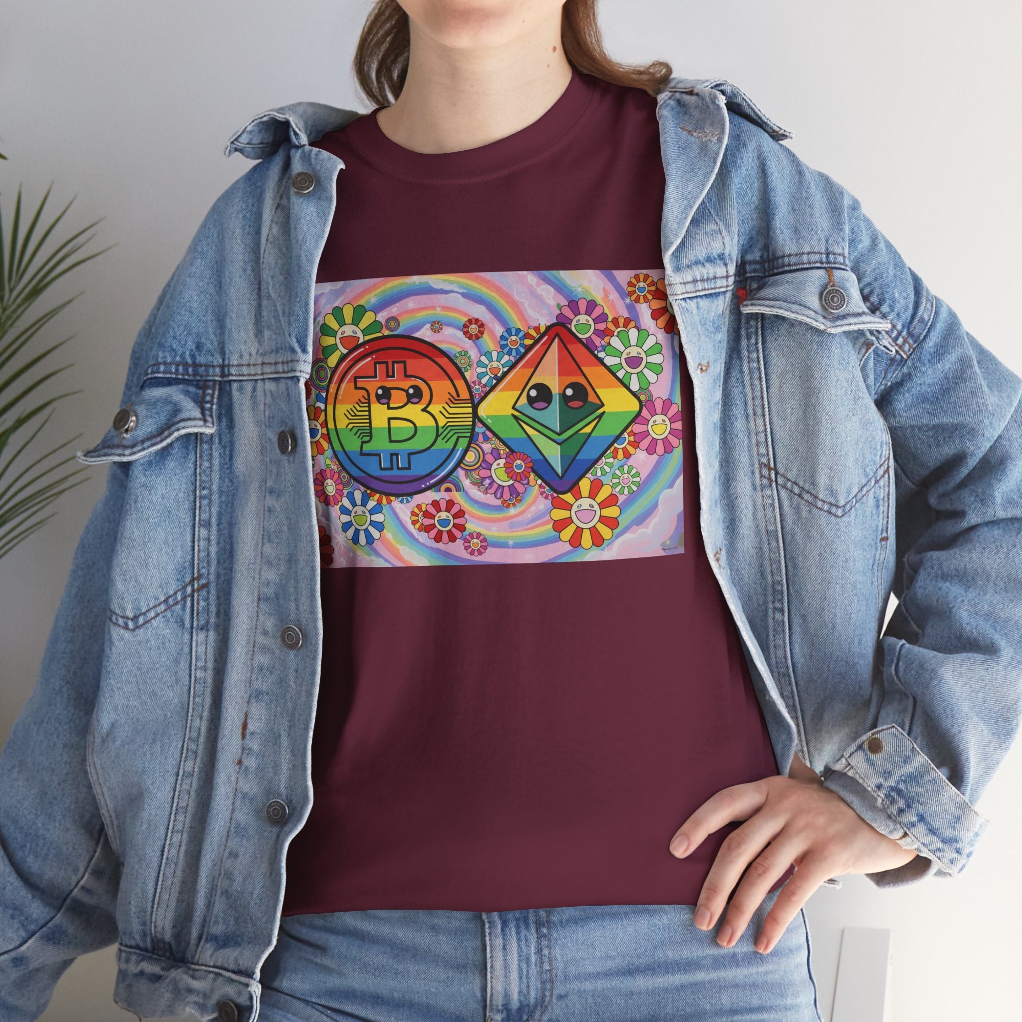 Crypto Rainbow T-Shirt — Bitcoin & Ethereum Hippie Art Tee
