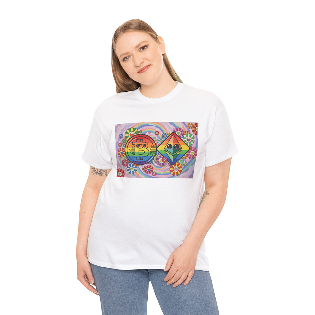 Crypto Rainbow T-Shirt — Bitcoin & Ethereum Hippie Art Tee