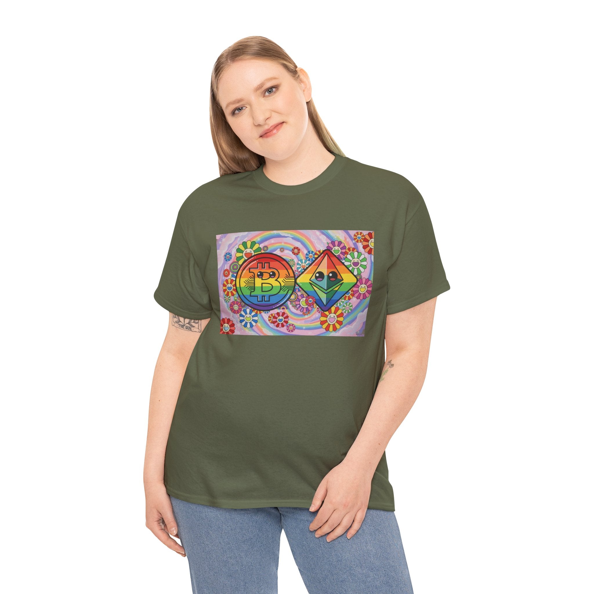 Crypto Rainbow T-Shirt — Bitcoin & Ethereum Hippie Art Tee