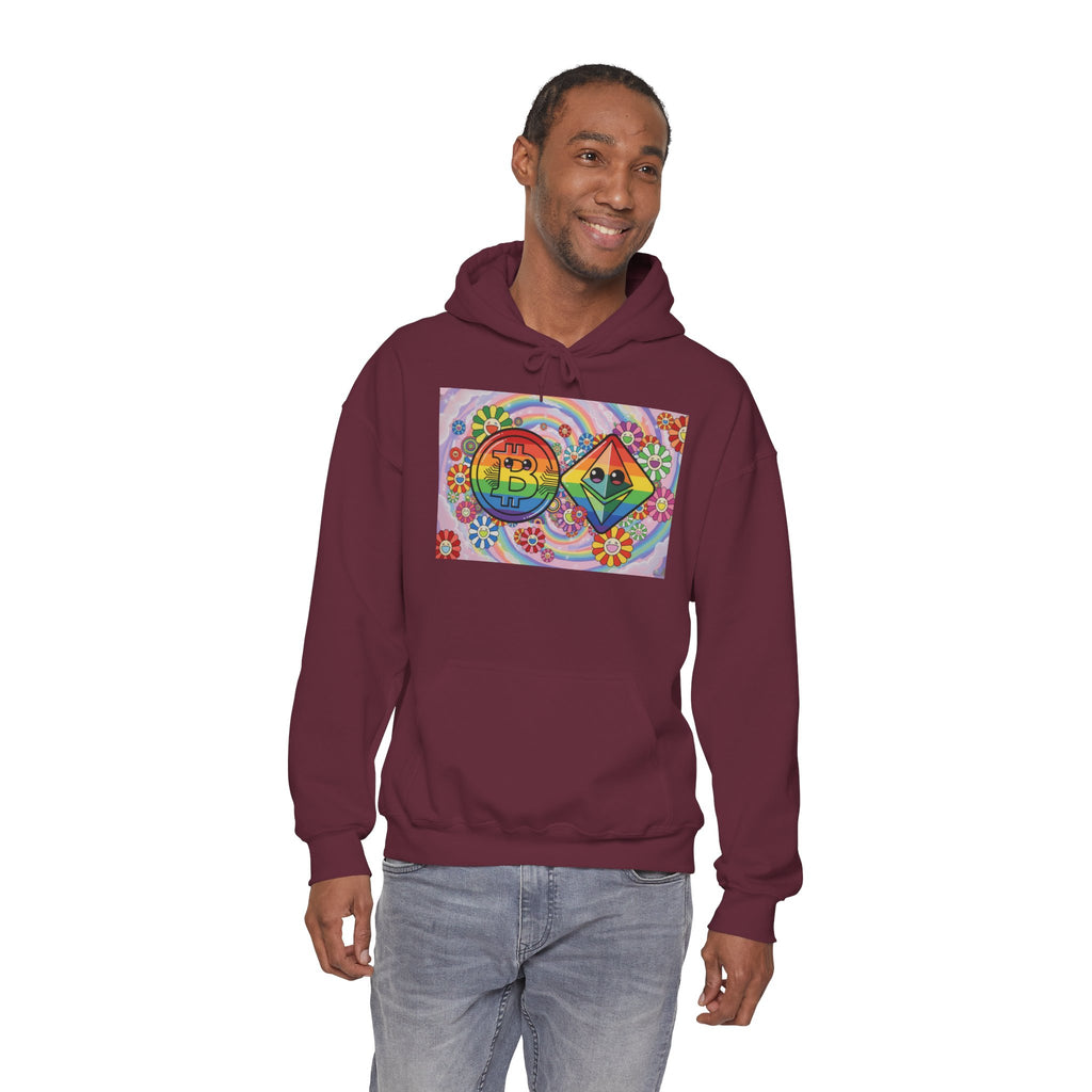 Crypto Flower Power Hoodie — Bitcoin & Ethereum Psychedelic Design