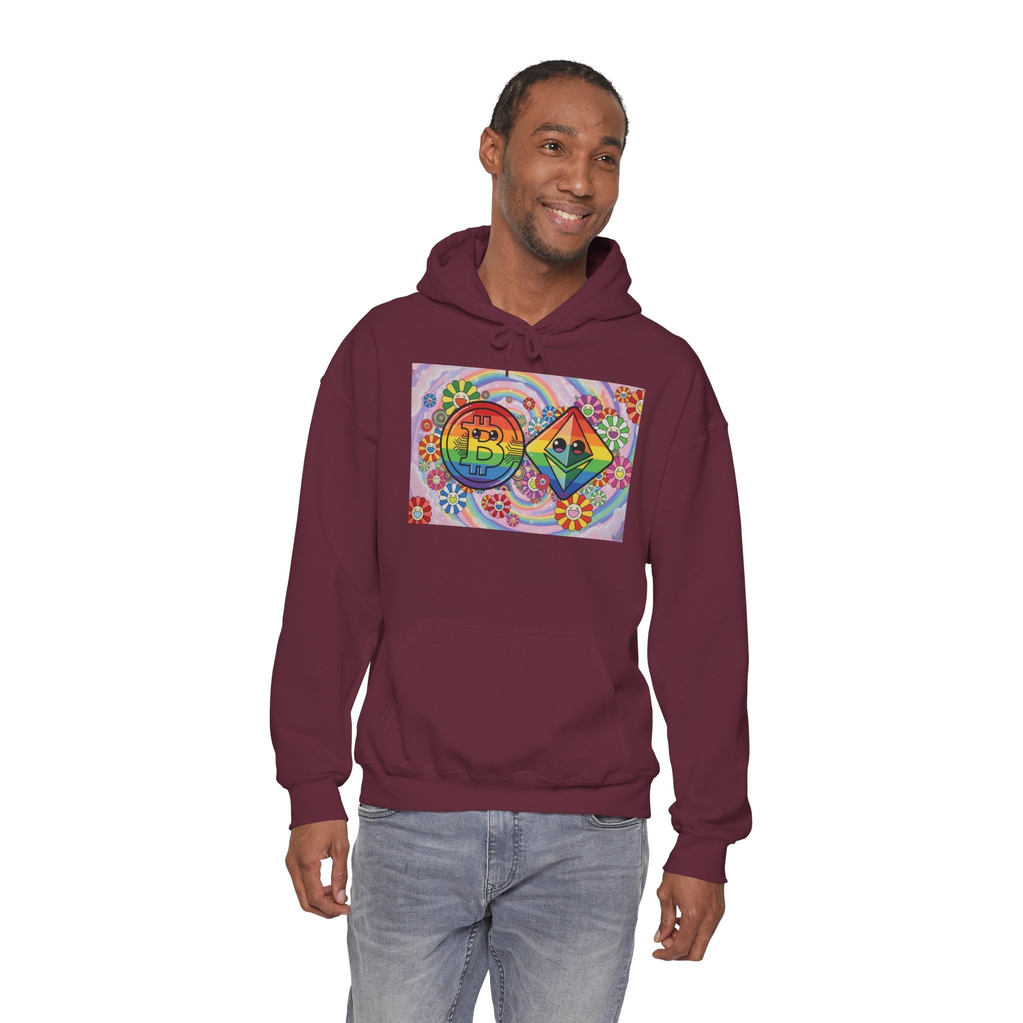 Crypto Flower Power Hoodie — Bitcoin & Ethereum Psychedelic Design