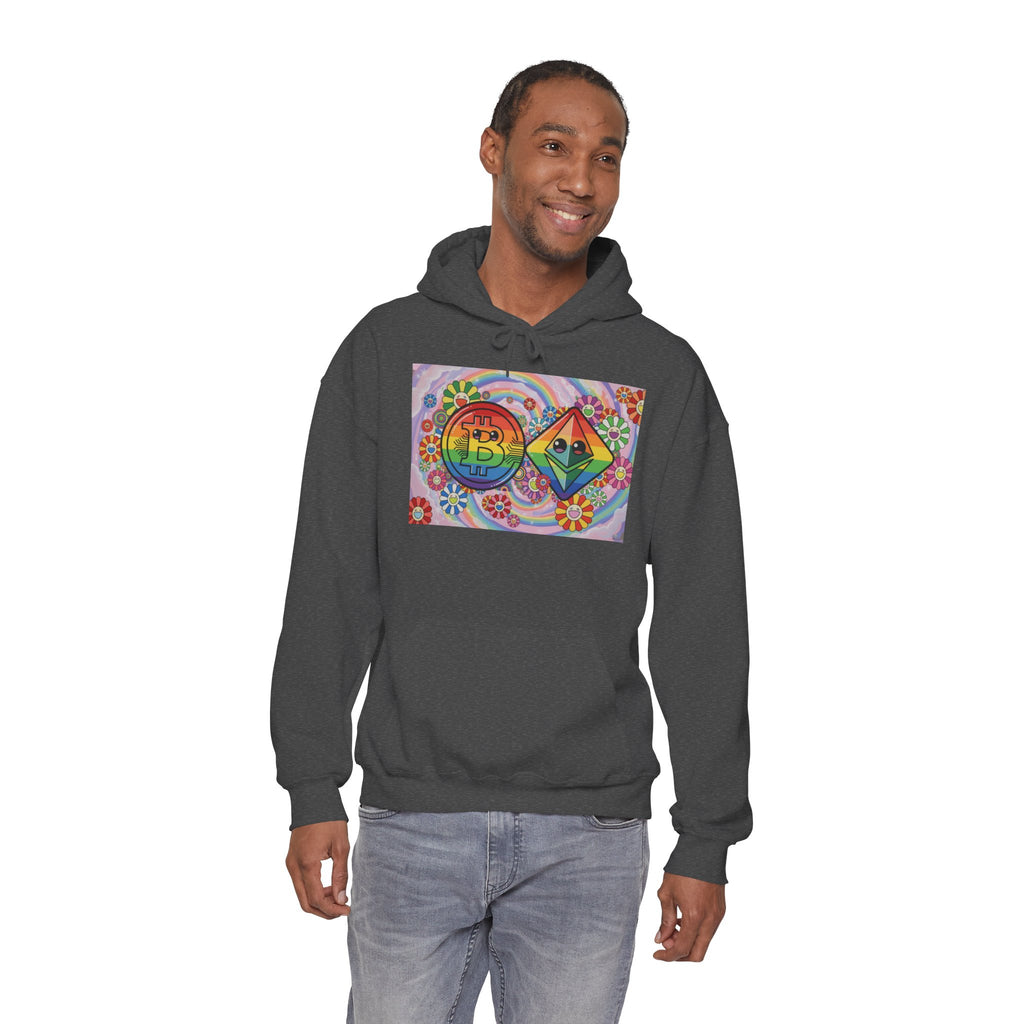 Crypto Flower Power Hoodie — Bitcoin & Ethereum Psychedelic Design