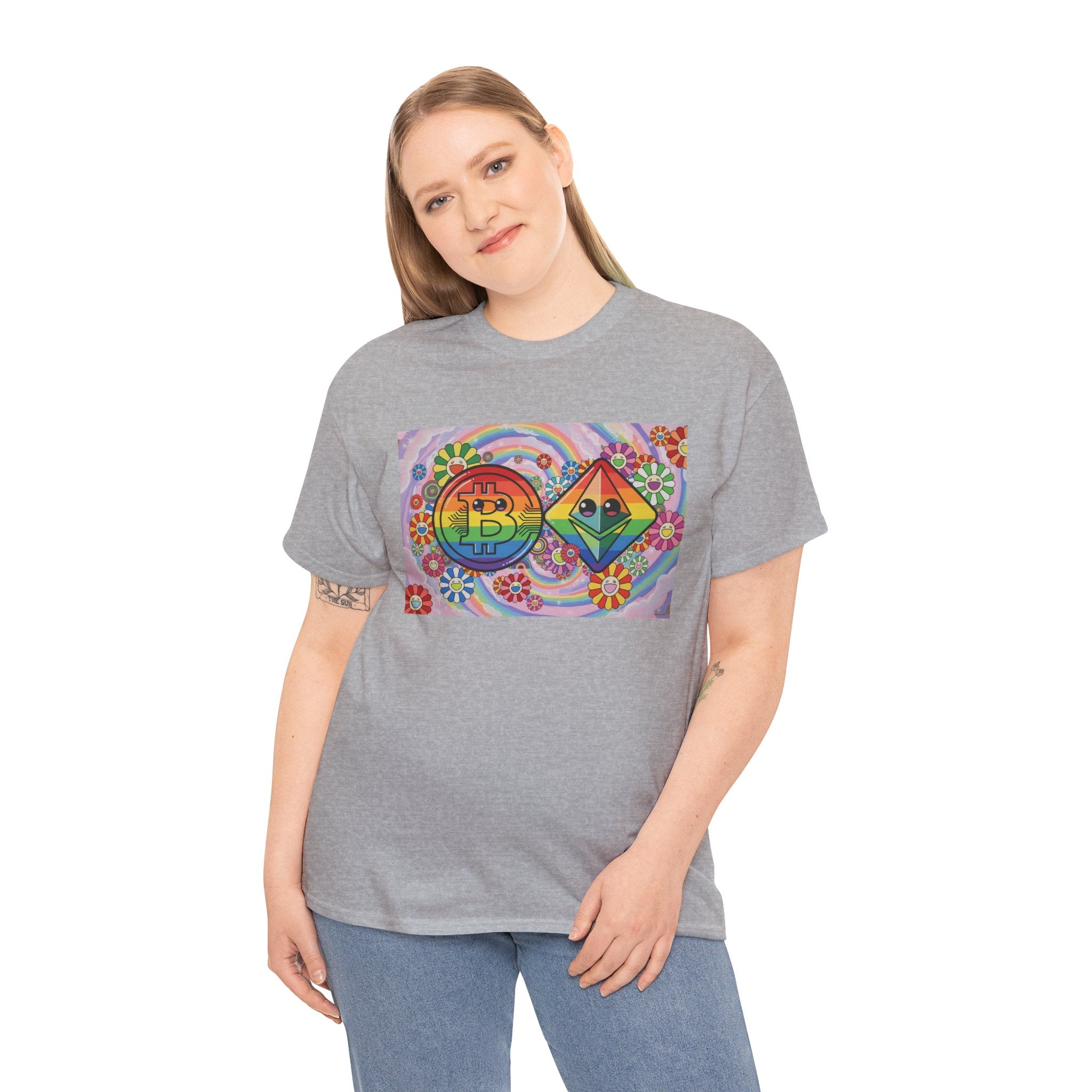 Crypto Rainbow T-Shirt — Bitcoin & Ethereum Hippie Art Tee