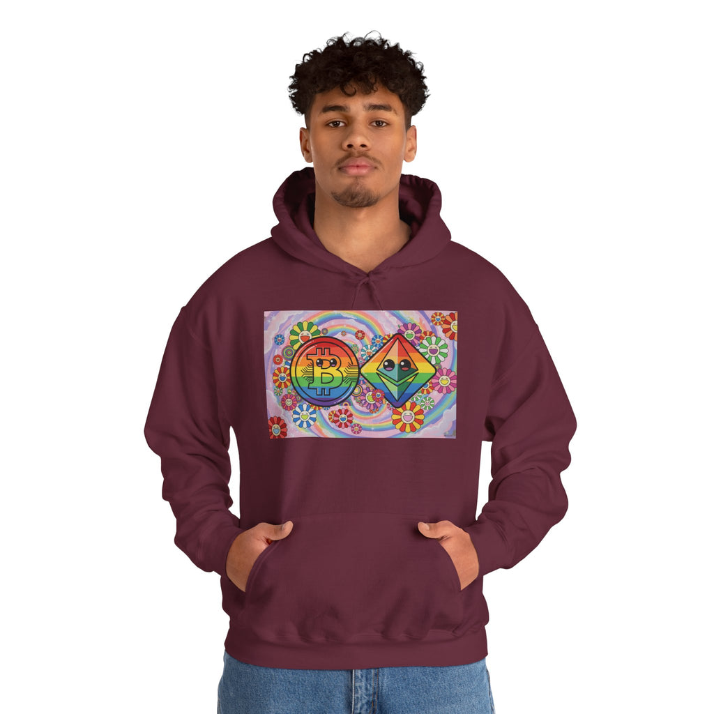 Crypto Flower Power Hoodie — Bitcoin & Ethereum Psychedelic Design