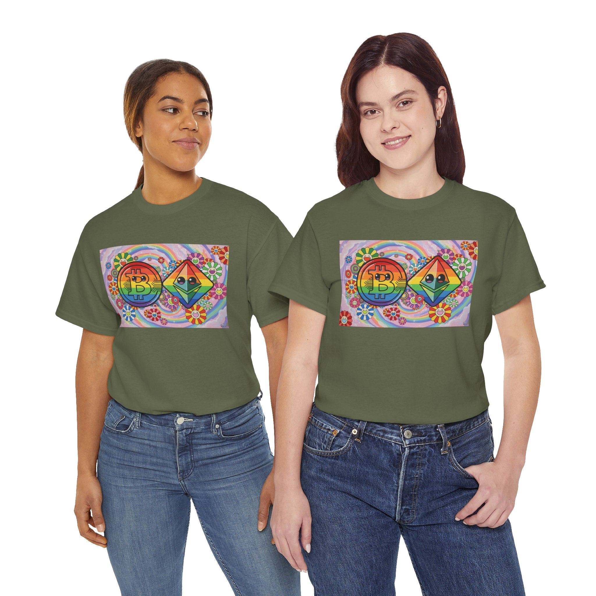 Crypto Rainbow T-Shirt — Bitcoin & Ethereum Hippie Art Tee
