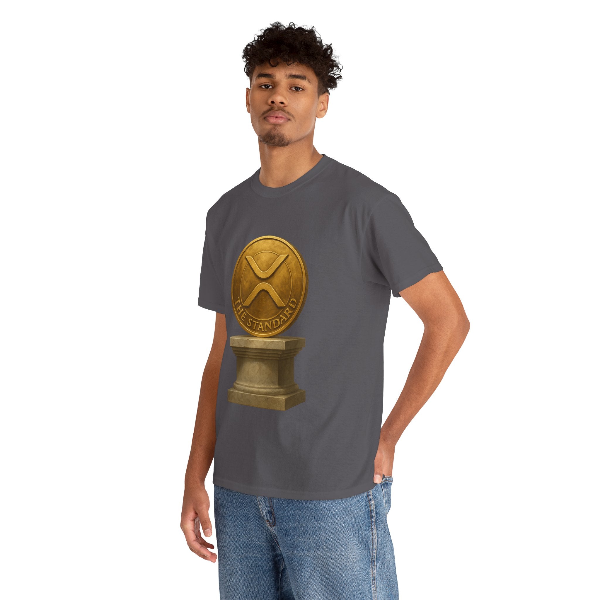 XRP Ledger Trophy T‑Shirt – Gold Ripple Coin on Pedestal Crypto Tee