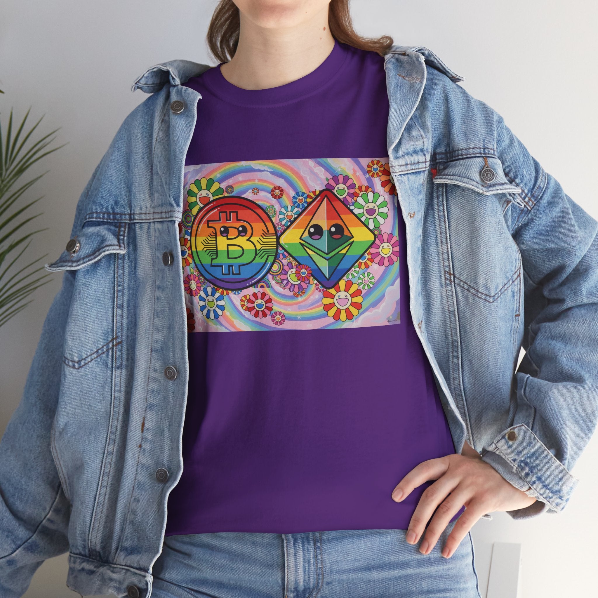 Crypto Rainbow T-Shirt — Bitcoin & Ethereum Hippie Art Tee