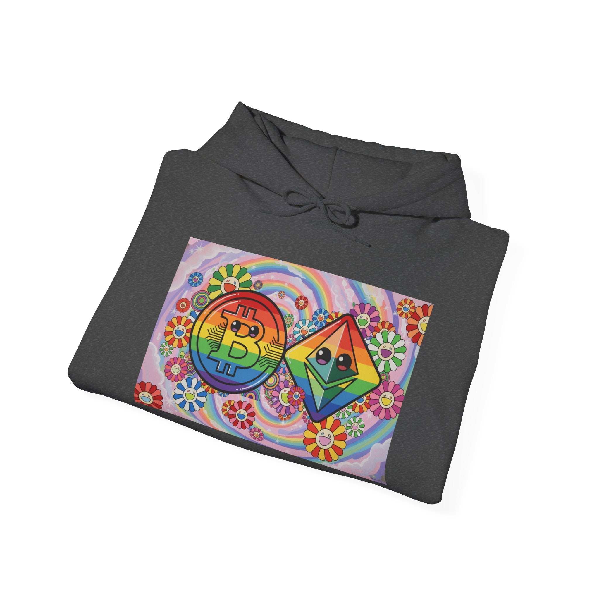 Crypto Flower Power Hoodie — Bitcoin & Ethereum Psychedelic Design