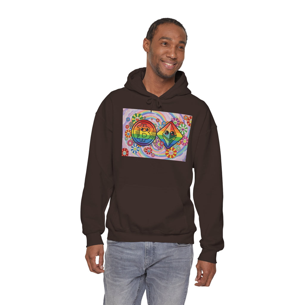 Crypto Flower Power Hoodie — Bitcoin & Ethereum Psychedelic Design
