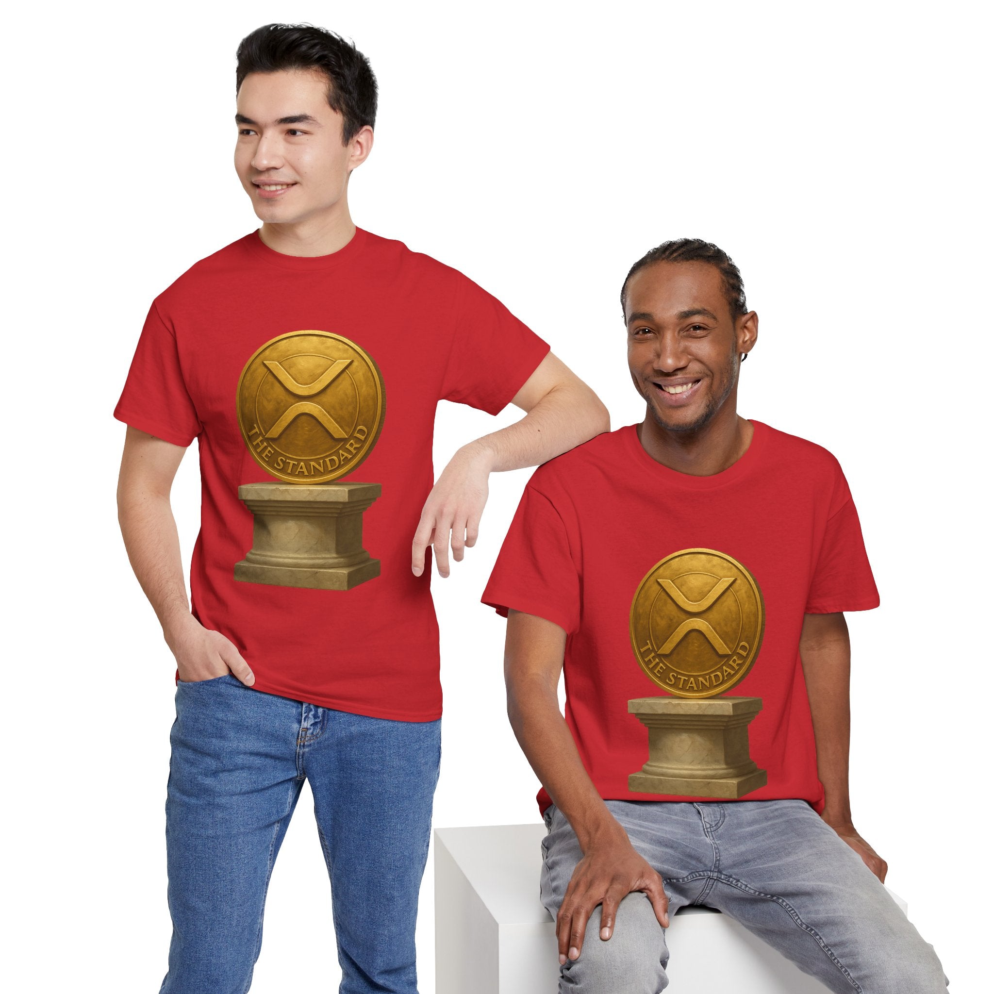XRP Ledger Trophy T‑Shirt – Gold Ripple Coin on Pedestal Crypto Tee