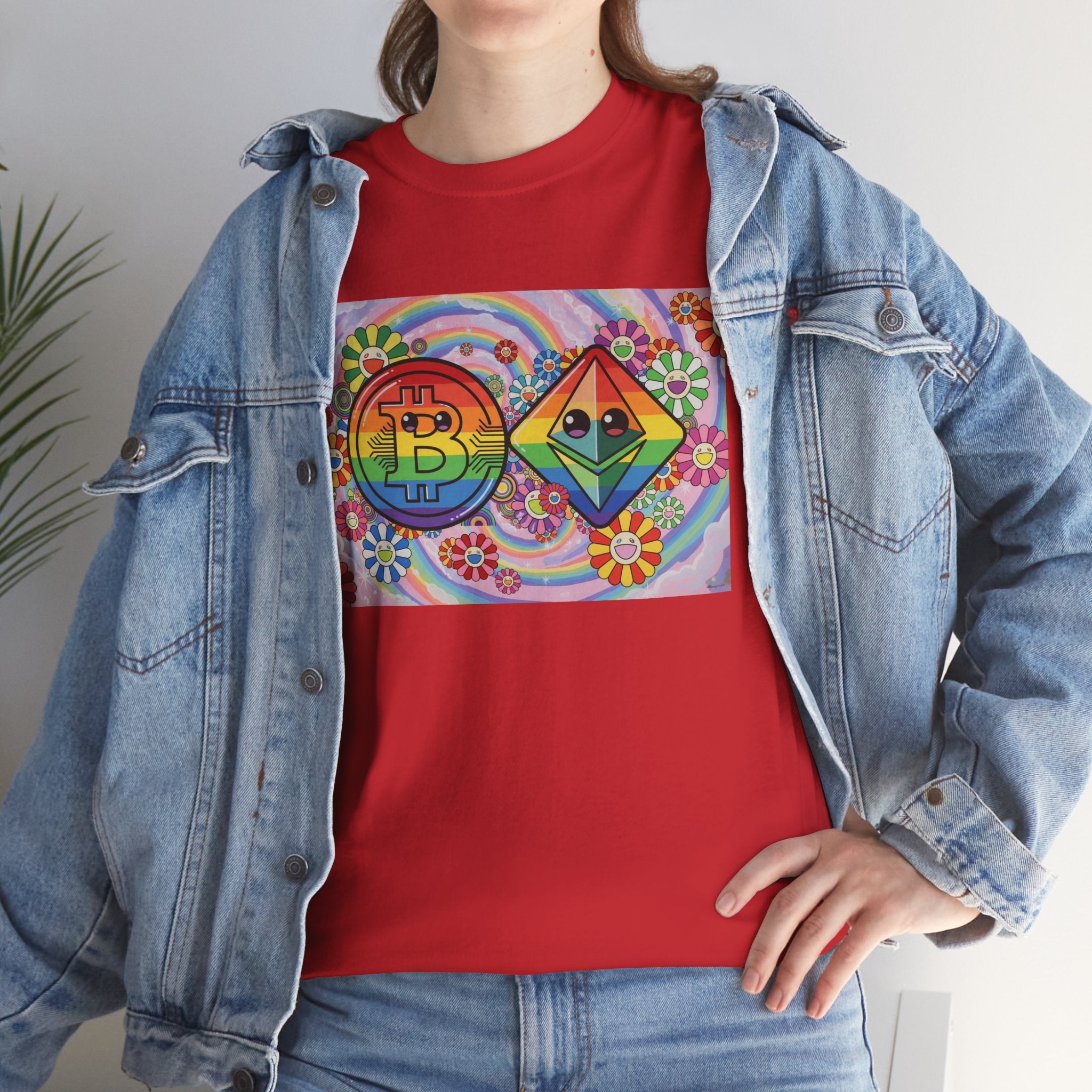 Crypto Rainbow T-Shirt — Bitcoin & Ethereum Hippie Art Tee