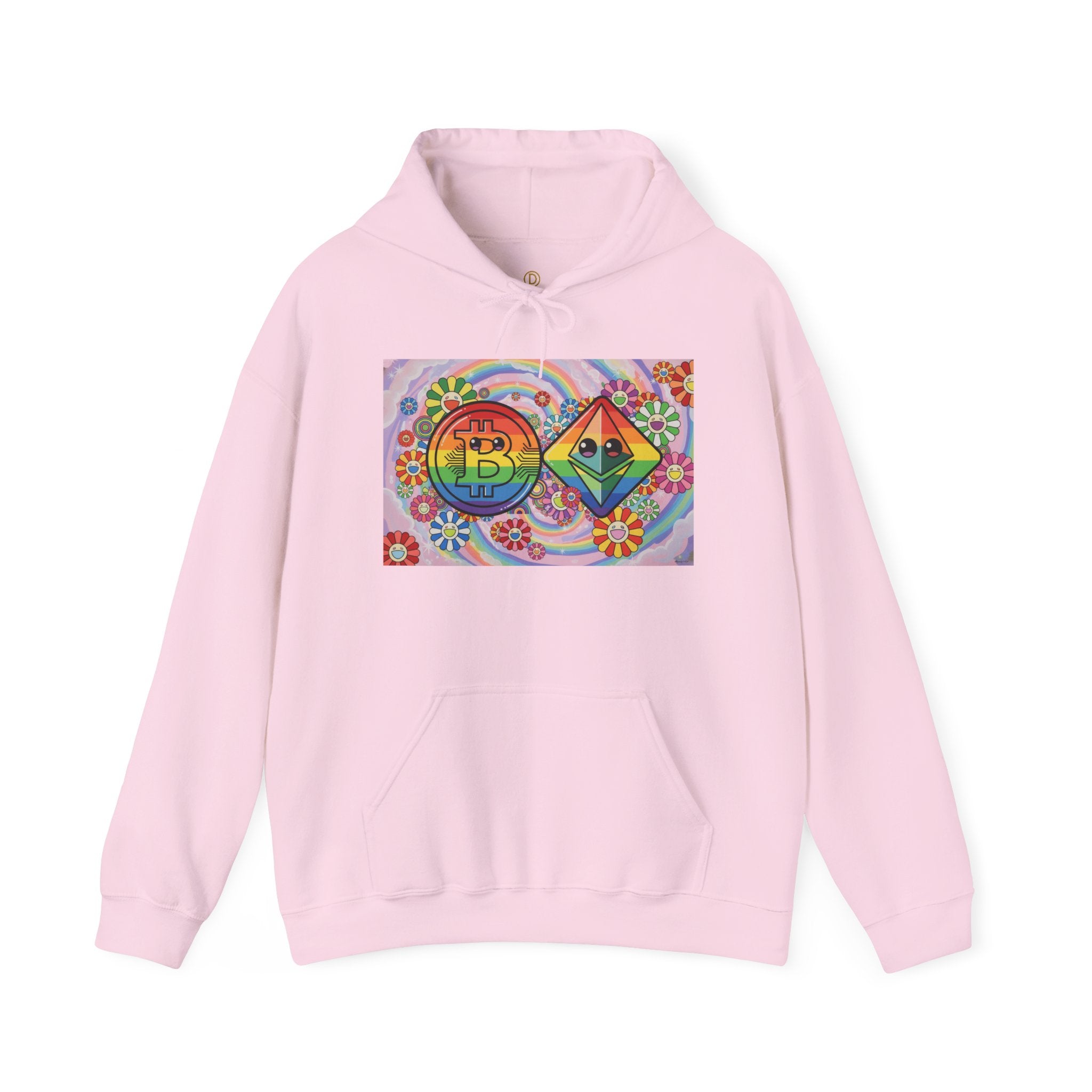Crypto Flower Power Hoodie — Bitcoin & Ethereum Psychedelic Design