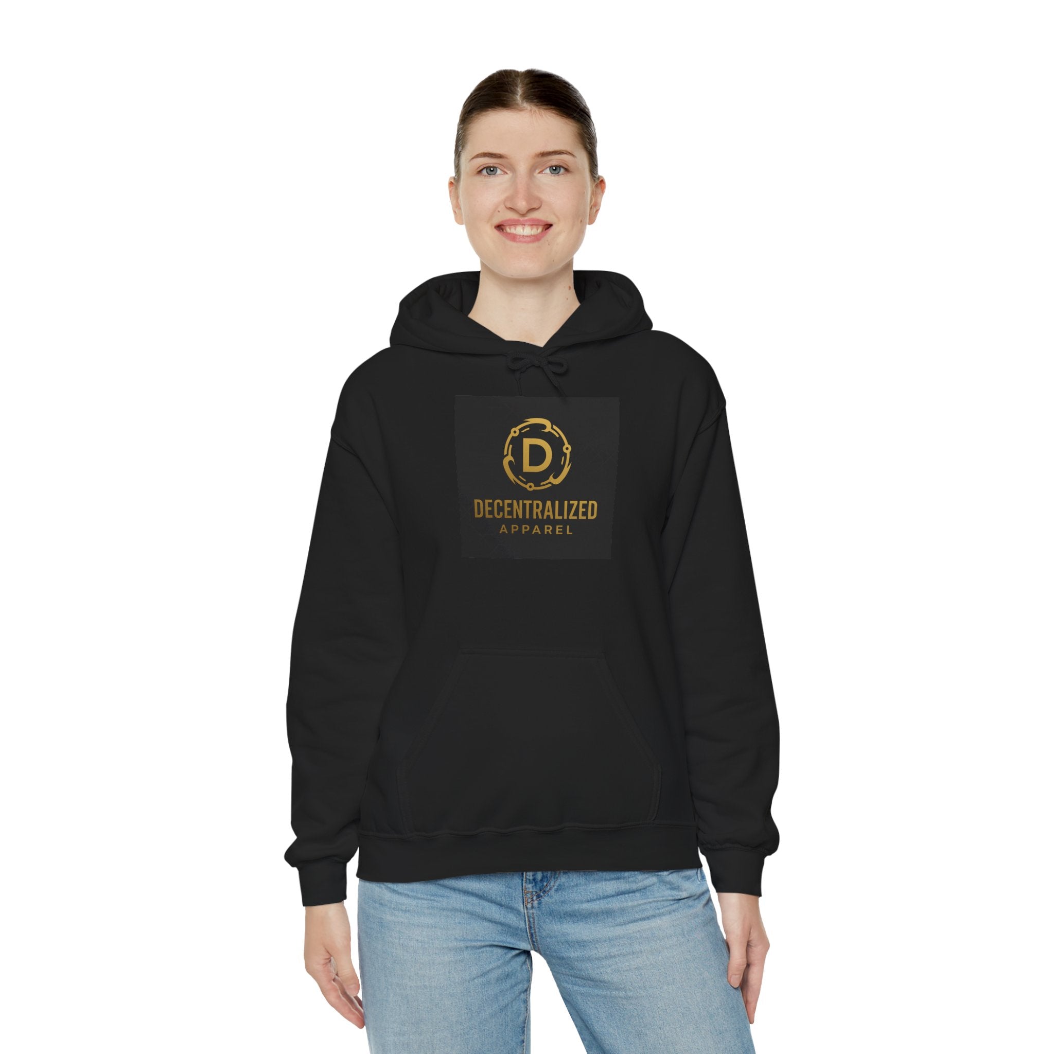Decentralized Apparel Logo Hoodie – Gold Emblem Streetwear Sweatshirt
