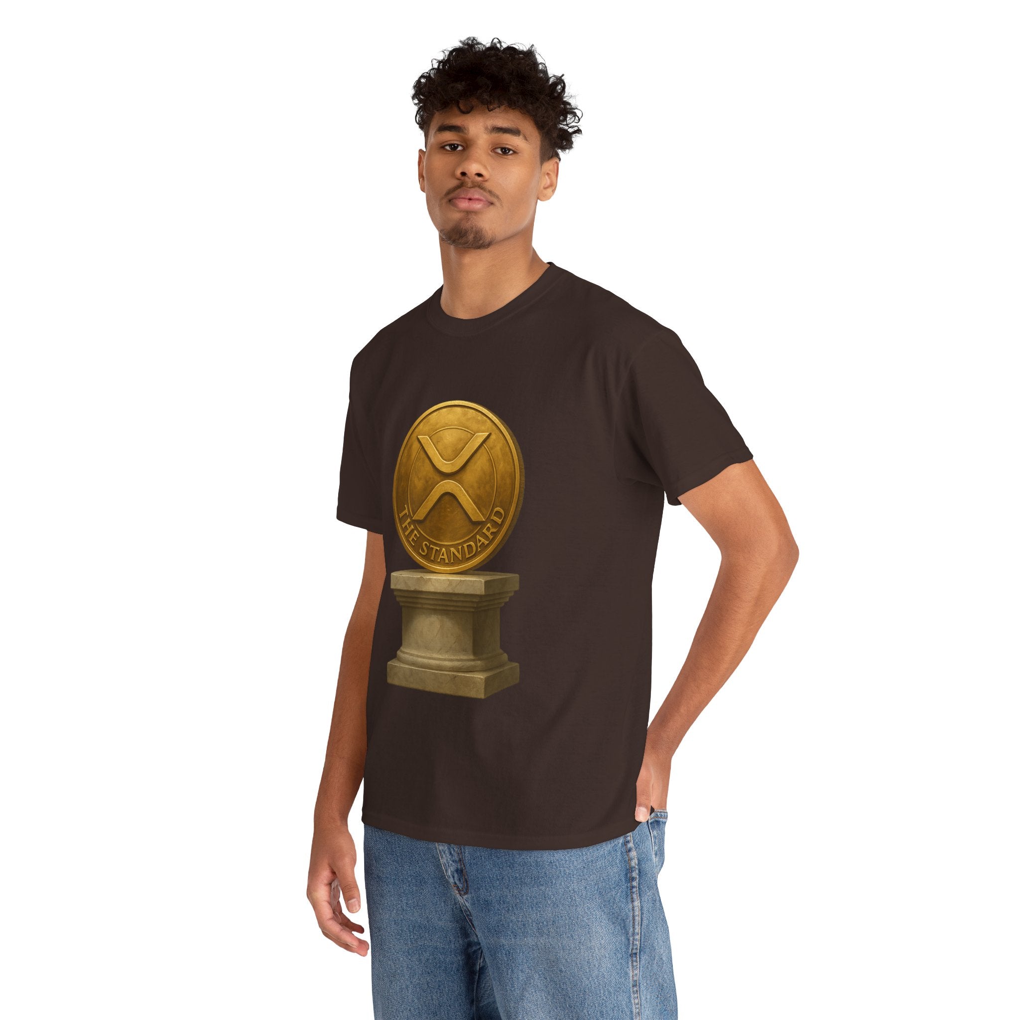 XRP Ledger Trophy T‑Shirt – Gold Ripple Coin on Pedestal Crypto Tee