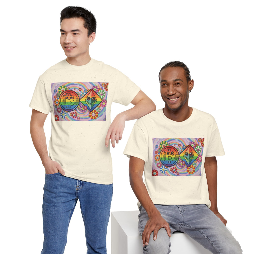Crypto Rainbow T-Shirt — Bitcoin & Ethereum Hippie Art Tee
