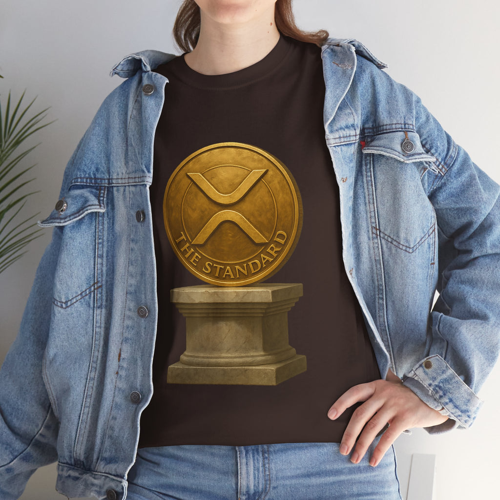 XRP Ledger Trophy T‑Shirt – Gold Ripple Coin on Pedestal Crypto Tee