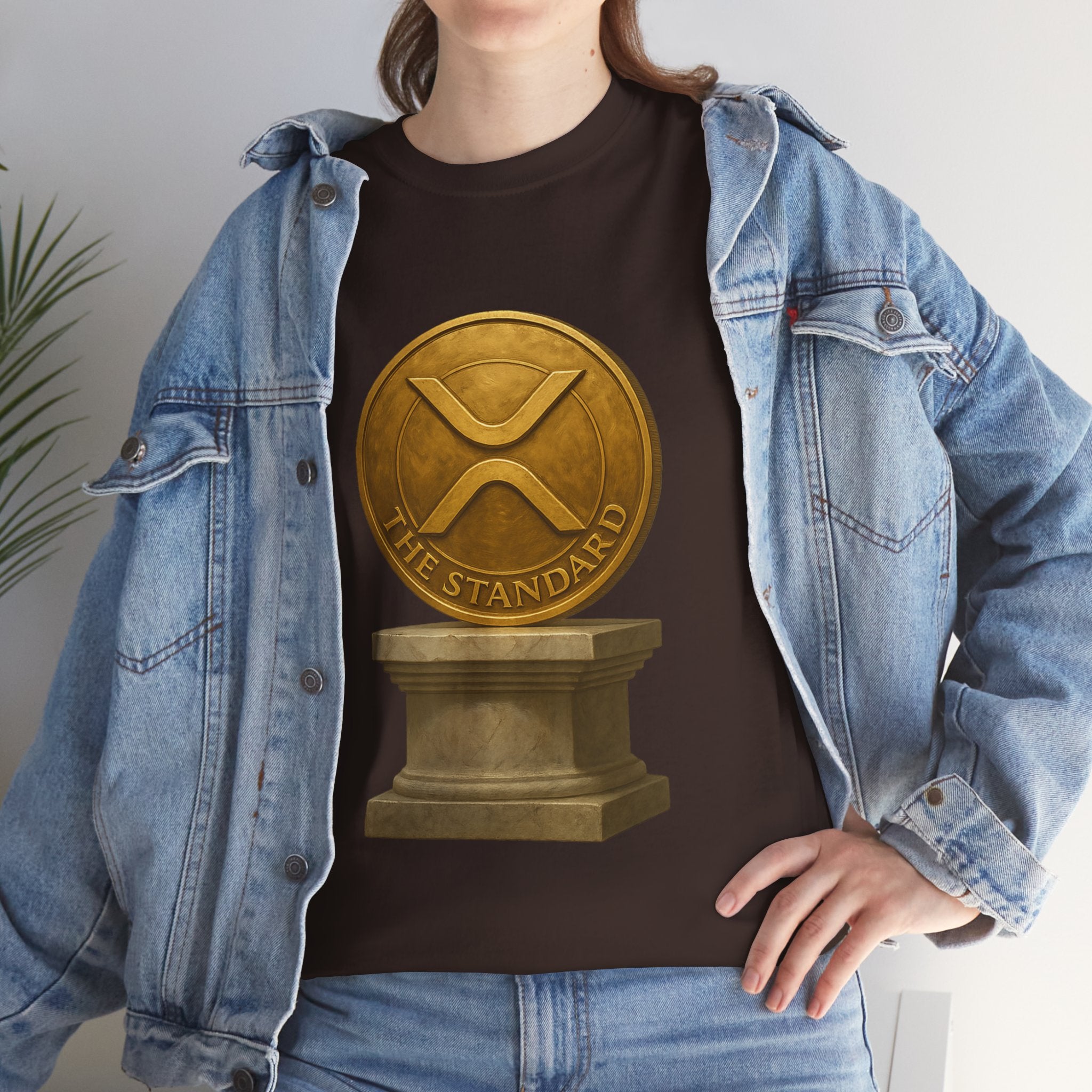 XRP Ledger Trophy T‑Shirt – Gold Ripple Coin on Pedestal Crypto Tee