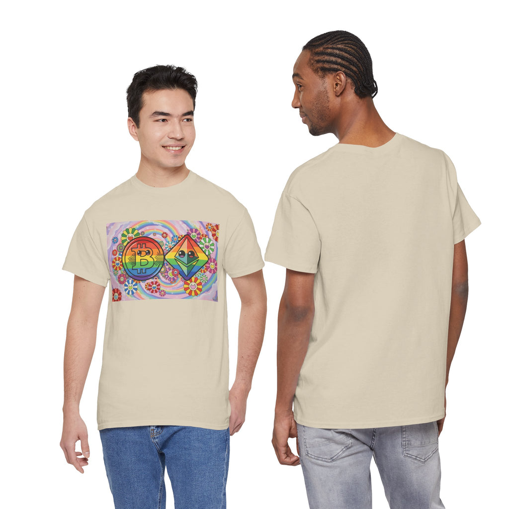 Crypto Rainbow T-Shirt — Bitcoin & Ethereum Hippie Art Tee