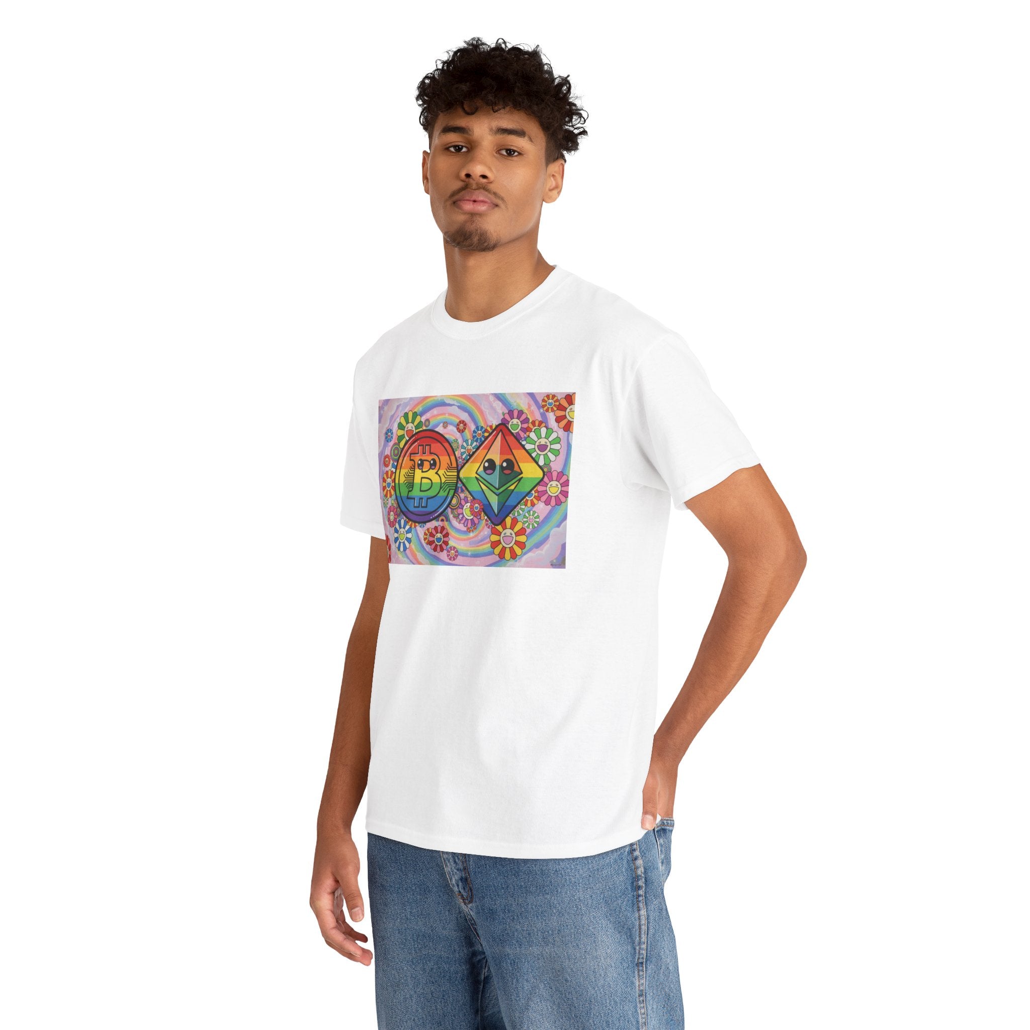 Crypto Rainbow T-Shirt — Bitcoin & Ethereum Hippie Art Tee
