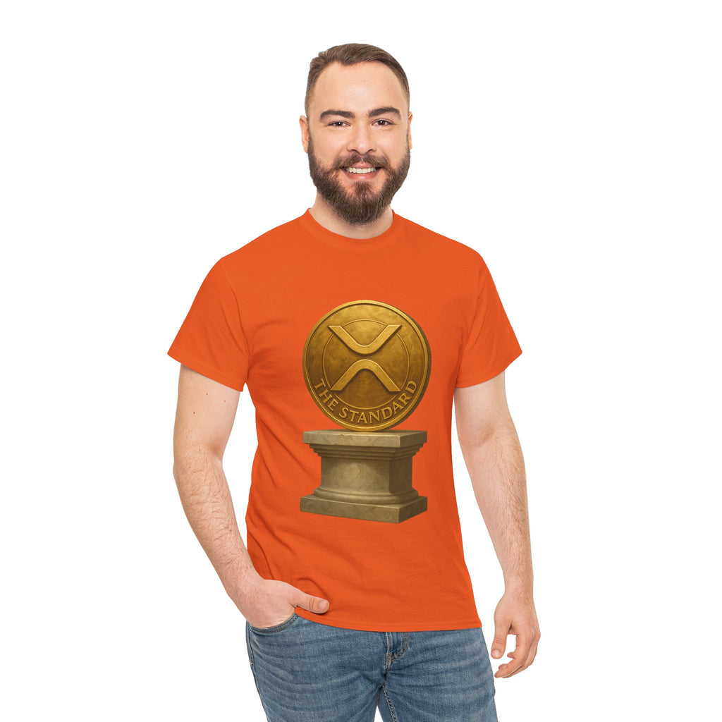 XRP Ledger Trophy T‑Shirt – Gold Ripple Coin on Pedestal Crypto Tee