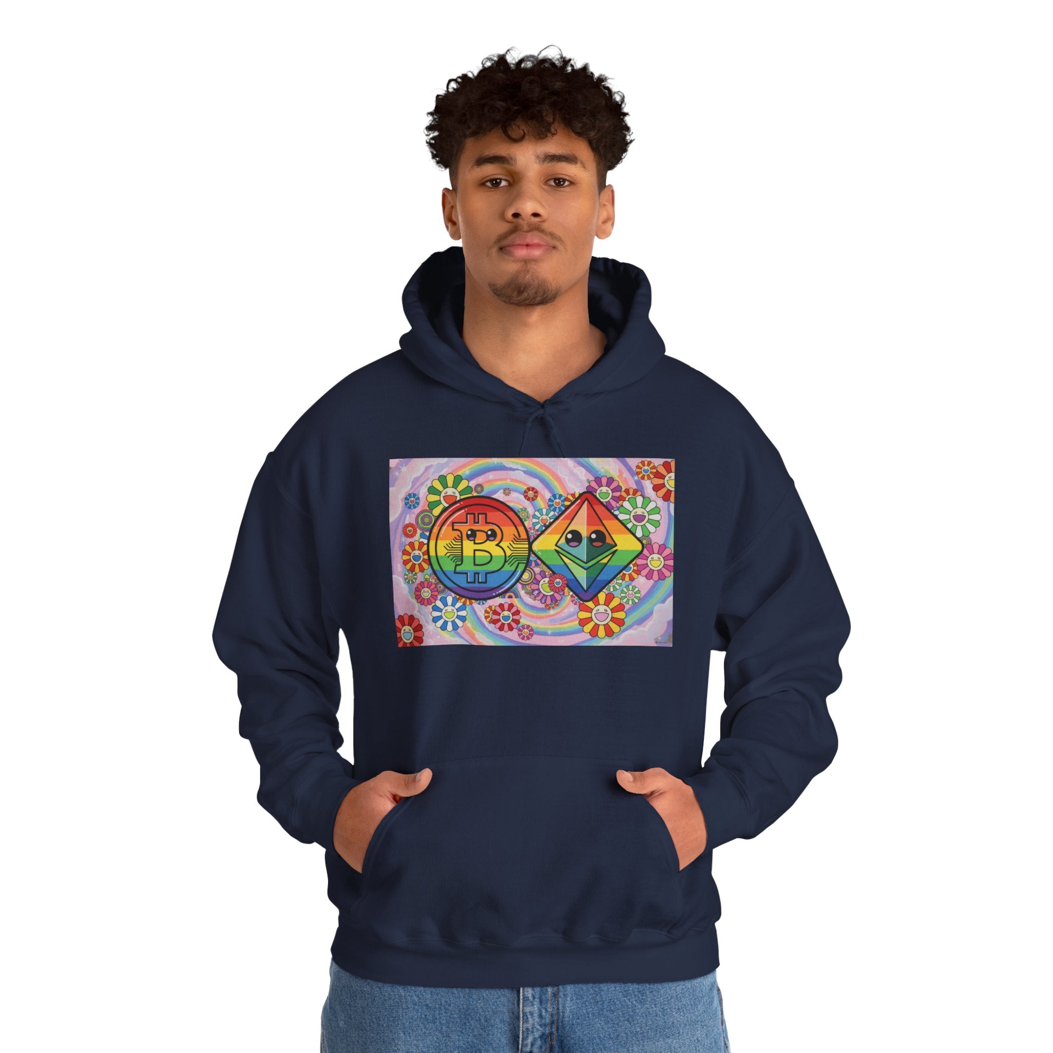 Crypto Flower Power Hoodie — Bitcoin & Ethereum Psychedelic Design