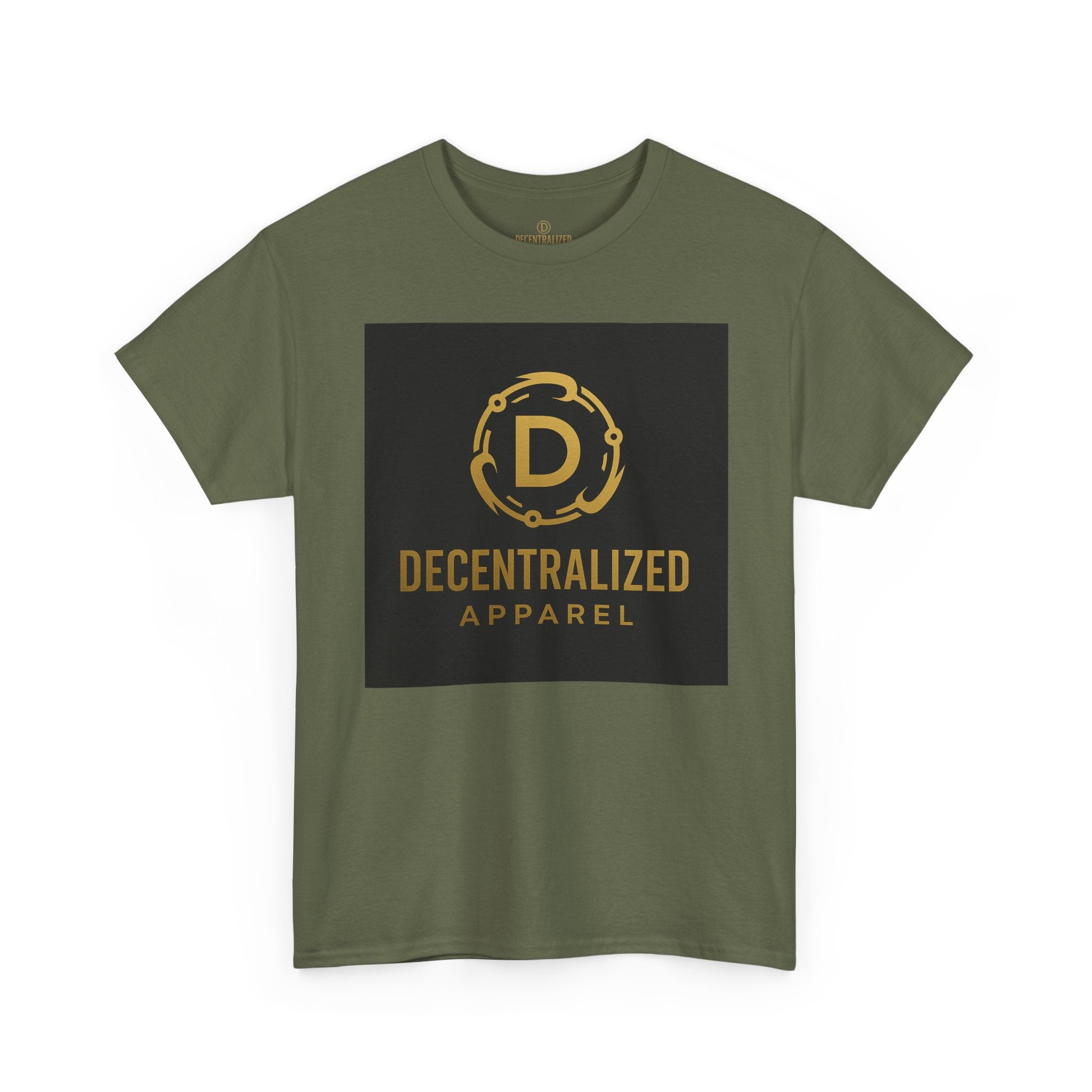 Decentralized Apparel Logo Tee — Gold Emblem Cotton T-Shirt