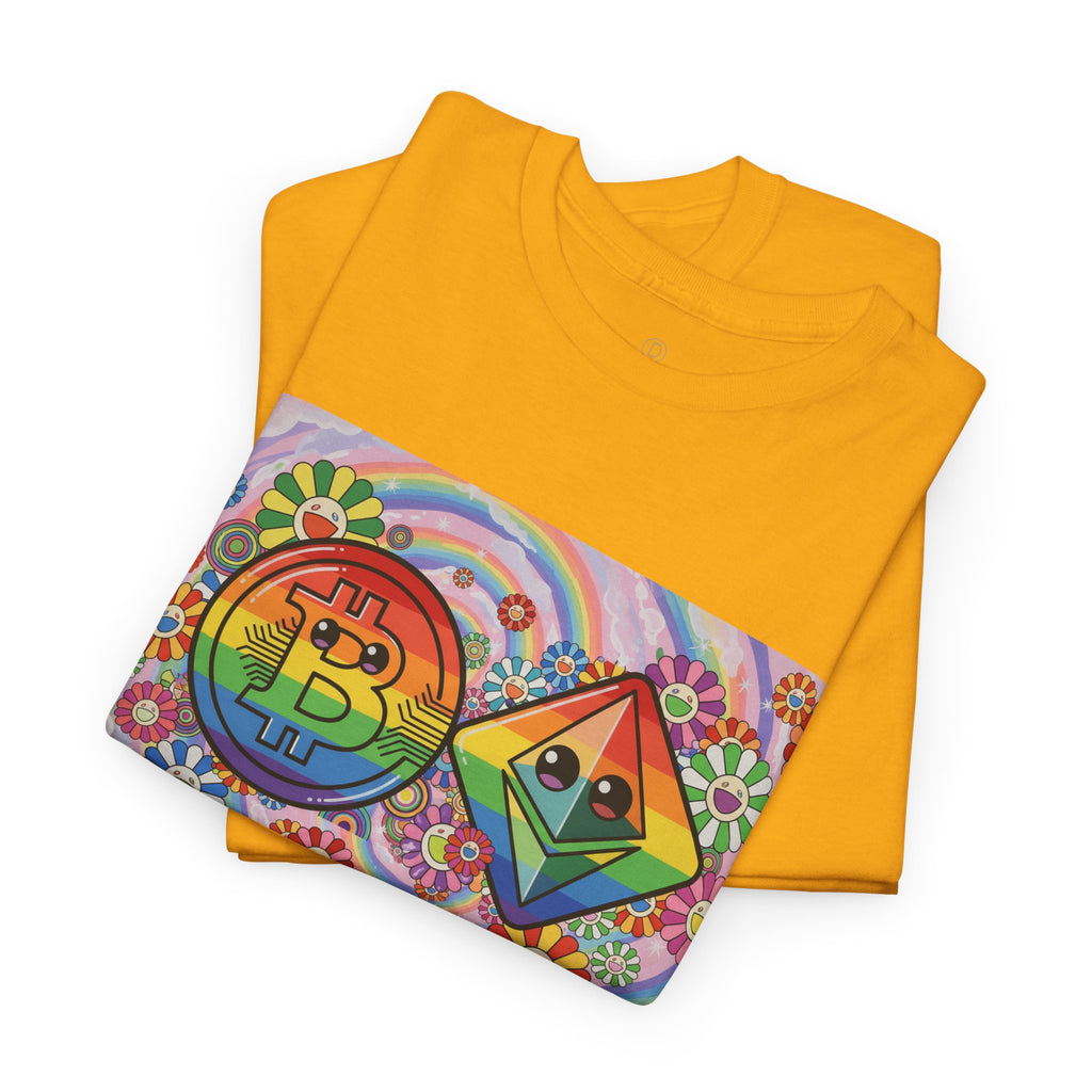 Crypto Rainbow T-Shirt — Bitcoin & Ethereum Hippie Art Tee