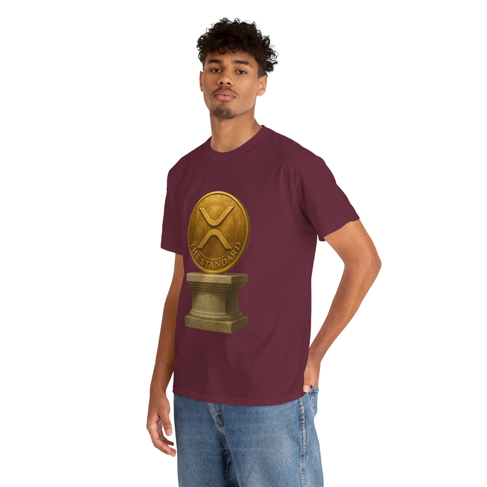 XRP Ledger Trophy T‑Shirt – Gold Ripple Coin on Pedestal Crypto Tee